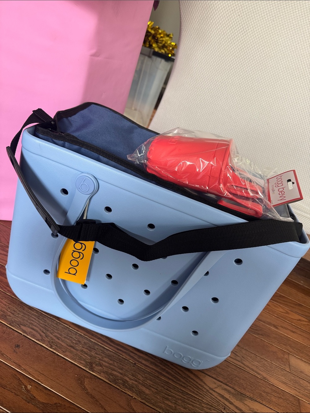 Bogg bag Light Blue Tote with Cooler Bag and Red Cup Set NWT